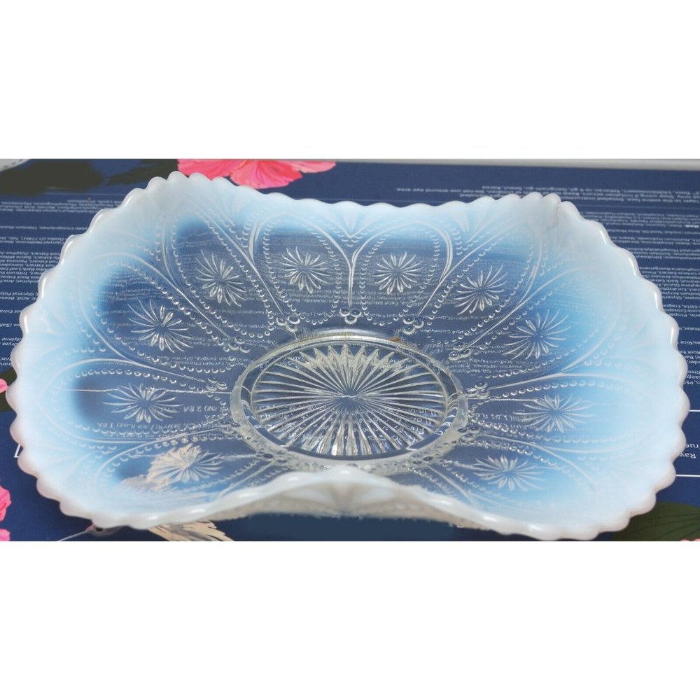 Vintage Opalescent Ruffled Glass Candy Dish Trinket 8" Nice Frosted Edges